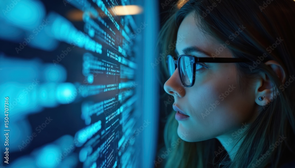 Aufkleber woman tech pro examines data illuminated blue light. focuses on cybersecurity systems. generative ai