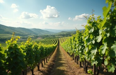 Scenic view of vineyard rows during sunny day. Rows of grapevines stretch into distance. Wine production, agriculture, farming, grape harvest concept. Travel tourism, vacation in Italy, Europe.