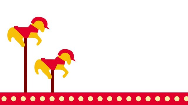 Two stylized carousel horses start a rhythmic motion, emphasizing carnival tradition through playful, animated design on a simple white background