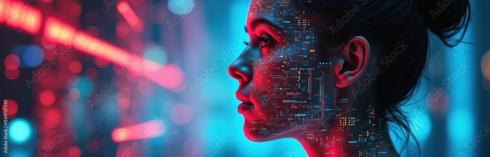 Leinwandbilder digital art depicts woman face with embedded computer circuitry. ai and data science concept. futuri
