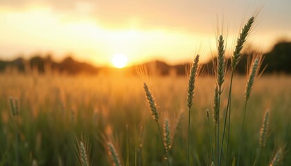 Fototapeta premium Golden sunset over wheat field. Warm light illuminates field during golden hour. Peaceful rural landscape at dusk. Grain spikes in the evening light. Nature background.