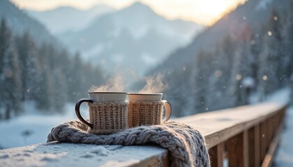 Two hot coffee cups with knitted warmers atop snow-covered wooden bridge with blanket. Winter mountain background. Steaming drinks in mugs on cold snowy winter morning, cozy atmosphere. Relaxation,