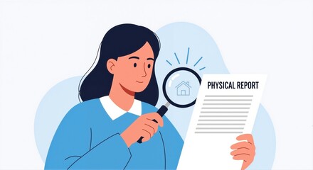 Young woman examining physical report with magnifying glass, a digital illustration