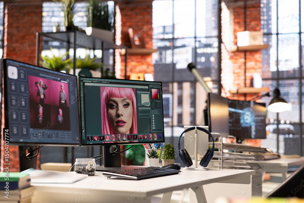 Poster inspiring creative workspace with professional editing software and ai chat bot open on a dual monit