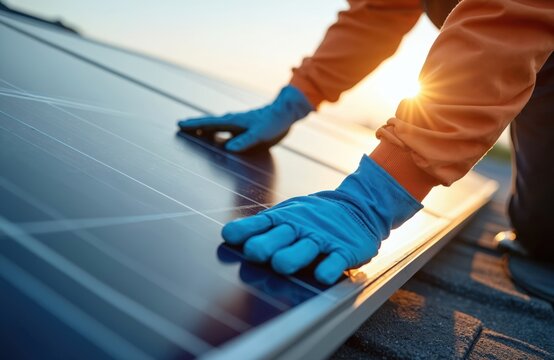 Technician installs solar panels roof during sunset. Man in gloves works with solar panel. Alternative energy, solar power, clean energy, renewable resources, sun energy tech concept.