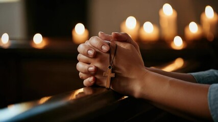 Praying hands holding cross with lit candles in background
