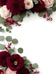 An elegant invitation card with flowers and leaves with tones of bordeaux red and olive green, illustration background for asseta