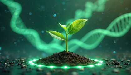 Futuristic tech illustration shows DNA strand alongside plant growth. Biotechnology digital ecosystem, green energy, sustainable eco-friendly design. Innovation, scientific background for business,