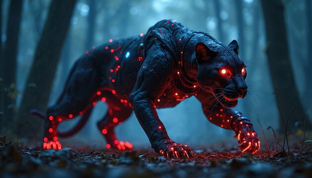 Cybernetic panther illustration in mysterious forest. Futuristic digital art, neon glowing red details on metallic body. Creature with glowing eyes stalks through dark woods. Concept of technology