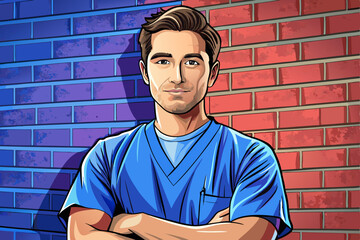 Obraz premium Portrait of a friendly male doctor or nurse vector wearing blue scrubs uniform, with arms crossed illustration background