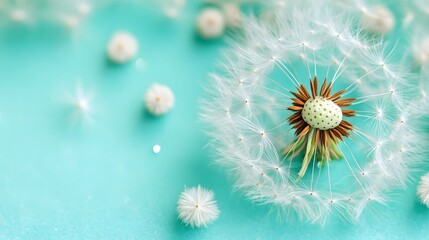 Closeup Dandelion Seed Head on Turquoise Background