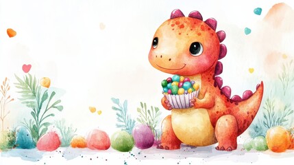 Obraz premium cute dinosaur holding colorful candy, watercolor, white background