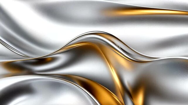 Sumptuous, metallic fabric flows in dynamic waves, blending silver and gold in seamless transition with subtle texture