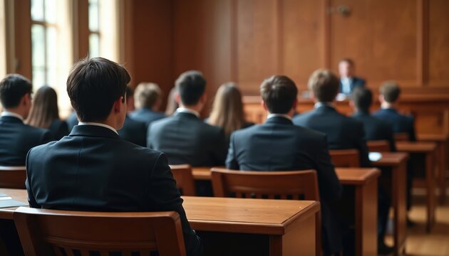 Law students in courtroom during mock trial. Students in formal suits listen, debate in moot court. Legal education, oral arguments, justice, law, advocacy skills, simulated trial proceedings.