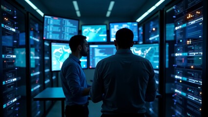 cybersecurity analysts are in the server room, monitoring screens displaying digital threat maps,person,analysts