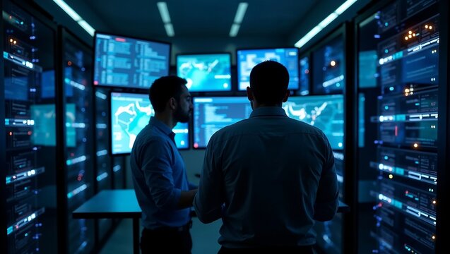 cybersecurity analysts are in the server room, monitoring screens displaying digital threat maps,person,analysts