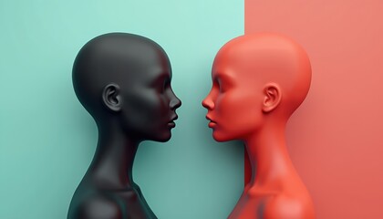 Abstract concept with two faces in profile view. One black, one red, representing duality, contrast on split-colored background. Illustration of human emotion, relationships, differences, diversity.