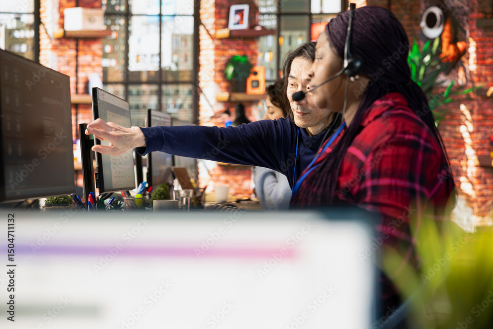 Poster manager supervising call center agent using ai to enhance customer interaction and resolve inquiries
