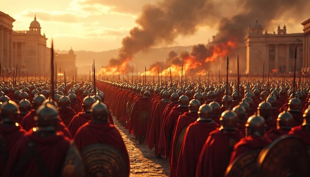 Roman legionaries in battle formation, ready for war. Ancient warriors in red capes, helmets, spears. Flames, smoke in background show conflict, empire. Historical military theme of defense, attack.
