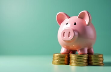 Pink piggy bank on stacks of gold coins. Saving money, financial investment concept. Wealth accumulation, budget planning, future financial security. Smart saving strategy, financial literacy.