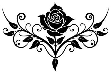 Elegant black rose with swirling floral design