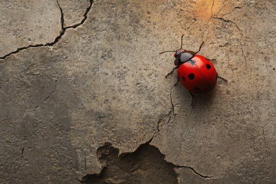 A red ladybug with black spots perched on a cracked and textured concrete surface, illuminated by soft light.