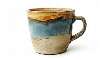 Rustic handmade ceramic mug with blue and brown speckled glaze on white background for cozy kitchen decor or product mockup

