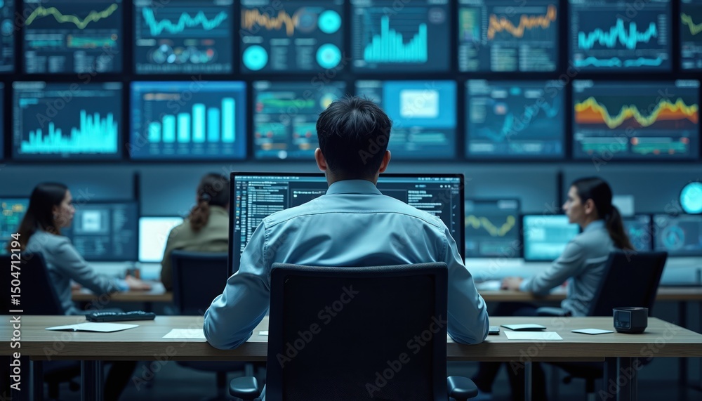 Aufkleber technical controller monitors multiple displays at system control center. pro specialist supervise o