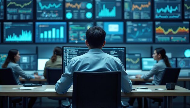 Technical controller monitors multiple displays at system control center. Pro specialist supervise operation, information security. Colleagues work on data processing, tech. Modern environment.