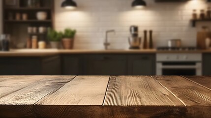 Rustic Wooden Tabletop in Blurred Kitchen Background