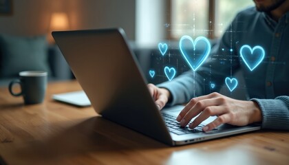 Man works laptop online. Digital wellness concept with heart checkmarks. Cozy office, wood table, cup. Lifestyle tech, health care, engagement, monitoring, productivity. Concept inspires health,