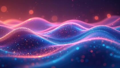Abstract digital illustration of neon glowing lines with bokeh lights. Dark purple background with waves in blue and pink colors. Dynamic energy flowing movement, futuristic tech concept.