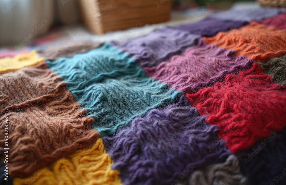 Poster close-up view of a colorful knitted blanket with graphic design. variegated yarn, squares with brigh