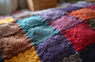 Fototapeta premium Close-up view of a colorful knitted blanket with graphic design. Variegated yarn, squares with bright colors. Hand-made warm cozy wear from wool threads, home decor item.