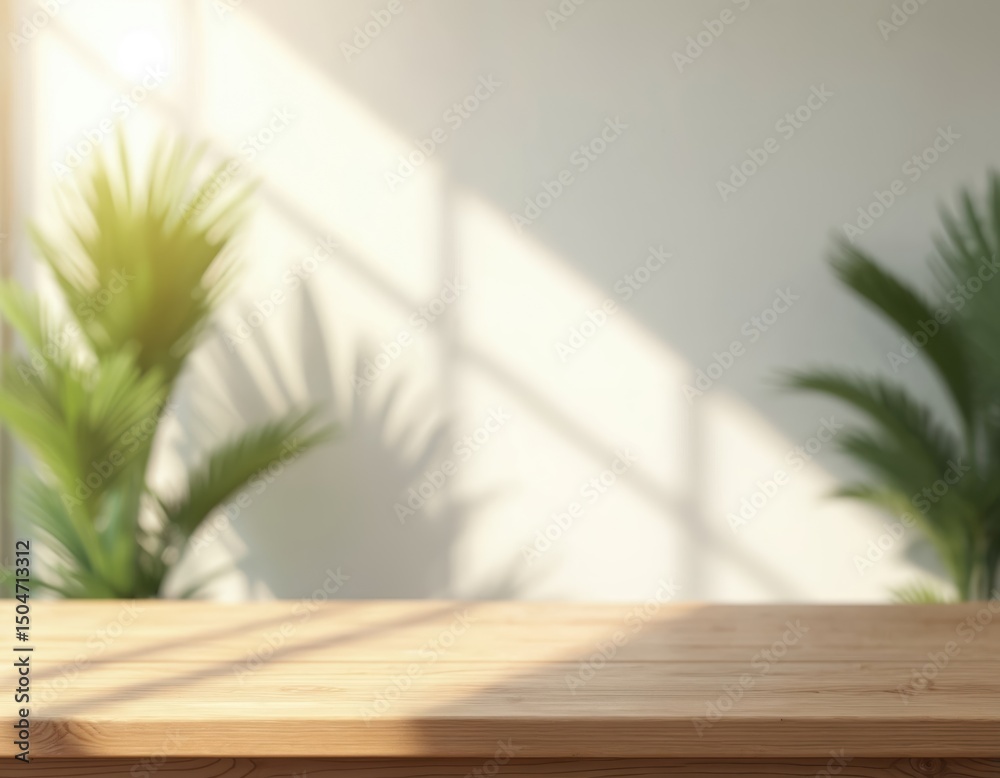 Poster wooden table top with soft palm shadows, sunlight. empty space for product display, design mock up. 