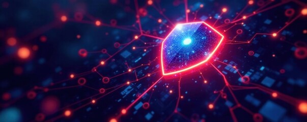 Abstract linear vector cybersecurity shield, glowing nodes , geometric, virus, code