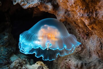Translucent jellyfish with a vibrant blue rim floats gracefully amongst coral reefs in a dark ocean setting.
