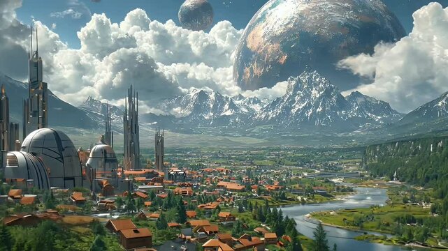 Futuristic utopian city spreads beneath colossal planets and towering mountain peaks. Sci-fi environment concept