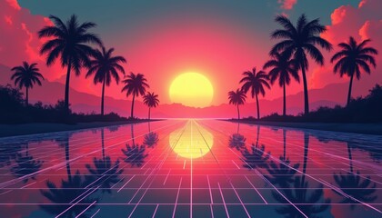 Naklejka premium Retro neon futuristic grid landscape with sun and palm trees. Cyberpunk vintage illustration. Sunset reflected water surface with grid. Dreamlike digital art. Palm trees silhouettes.
