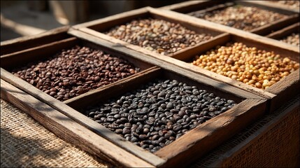 Roasted Coffee Beans Variety Selection Wooden Tray Brown Dark Light Beans Agriculture Harvest Coffee Plantation Farm Fresh Coffee Beans Organic Coffee Beans Coffee Production      