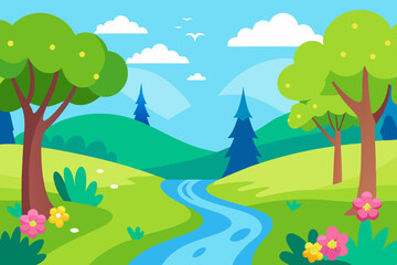 Fototapeta premium Summer landscape with trees, mountains, and a clear sky, a cartoon illustration of a green field with flowers under the sun