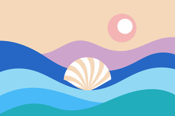 Vector illustration of a summer beach landscape with a seashell on the sand, sun, and ocean waves