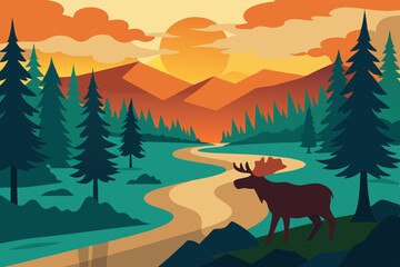 Wild deer in a serene mountain forest landscape at sunset, featuring an abstract winter silhouette of trees and a vibrant sky