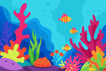 Tropical colorful fish and marine life in a blue underwater aquarium coral reef illustration