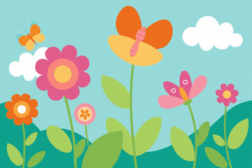 Seamless spring floral pattern with blooming pink flowers and green leaves, ideal for nature-inspired designs and cheerful summer illustrations