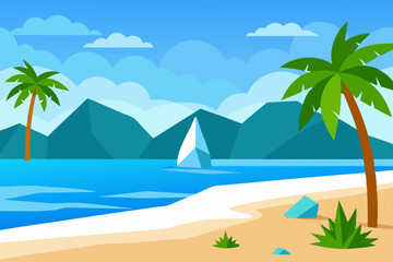 Obraz premium Tropical paradise island with palm trees on a summer beach, ideal for a relaxing ocean vacation