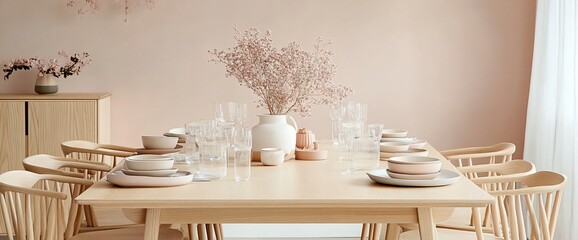 Elegant and contemporary dining room setup with soft pastel colors and minimalist design