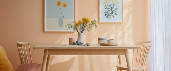 Elegant dining space featuring wooden table, chairs, and floral arrangements and artwork