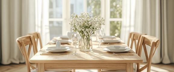 Elegant dining room scene with a wooden table setting and natural light shining through