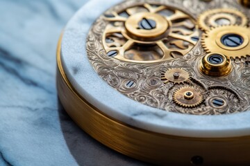 Macro shot reveals intricate golden watch gears and engravings, showcasing precision and craftsmanship atop a marble-like surface.